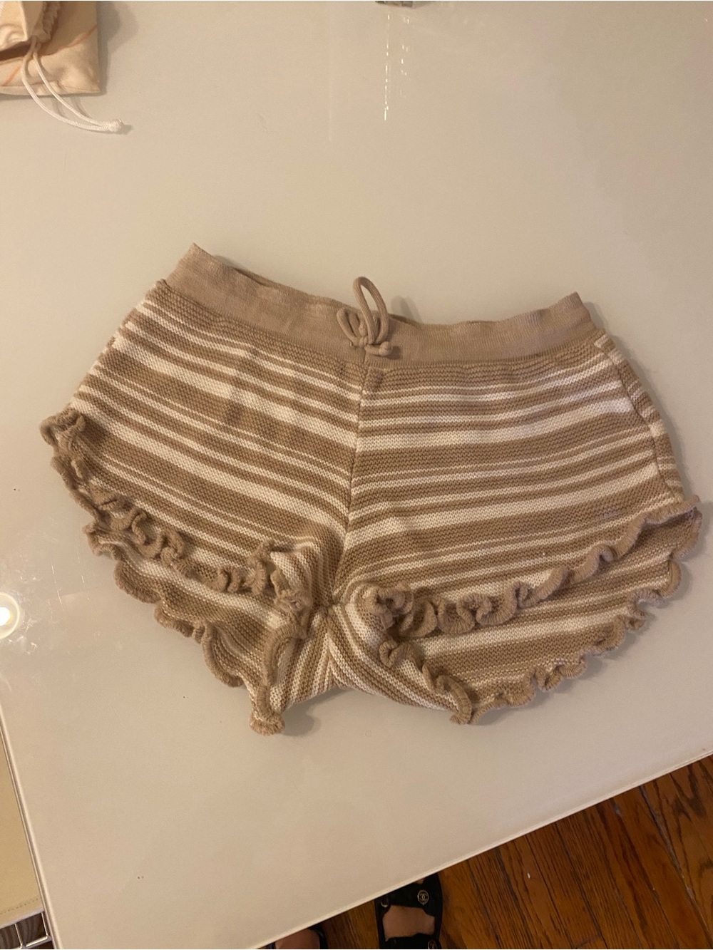 Nasty Gal Beige & White Striped Ruffle Knit Athletic Shorts & Matching Top - M